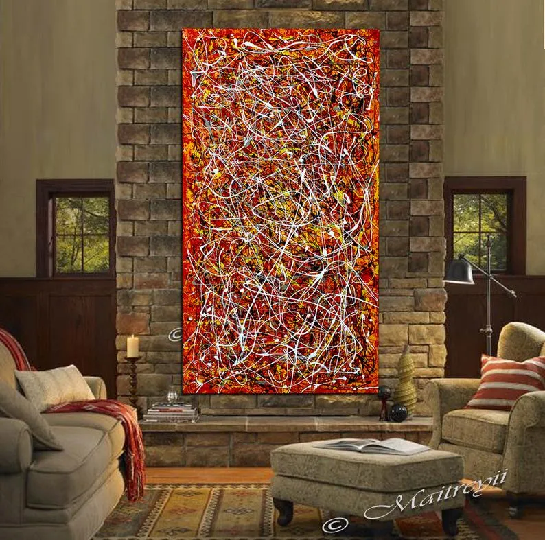 Red Painting Jackson Pollock Style Large art Vintage Style - Modern Wall Art - Red Vintage