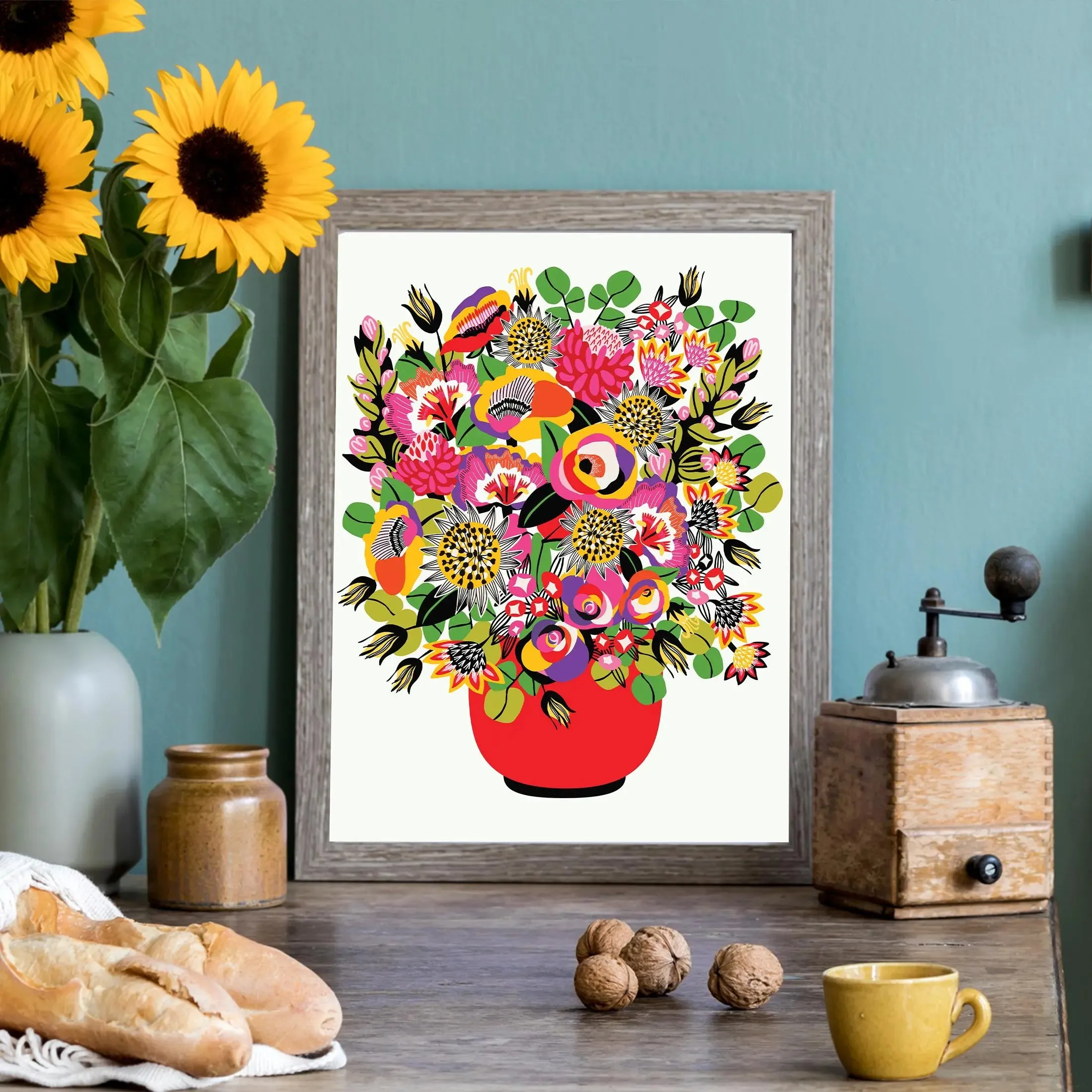 Roses and Lilies In Vase Modern Wall Art Print