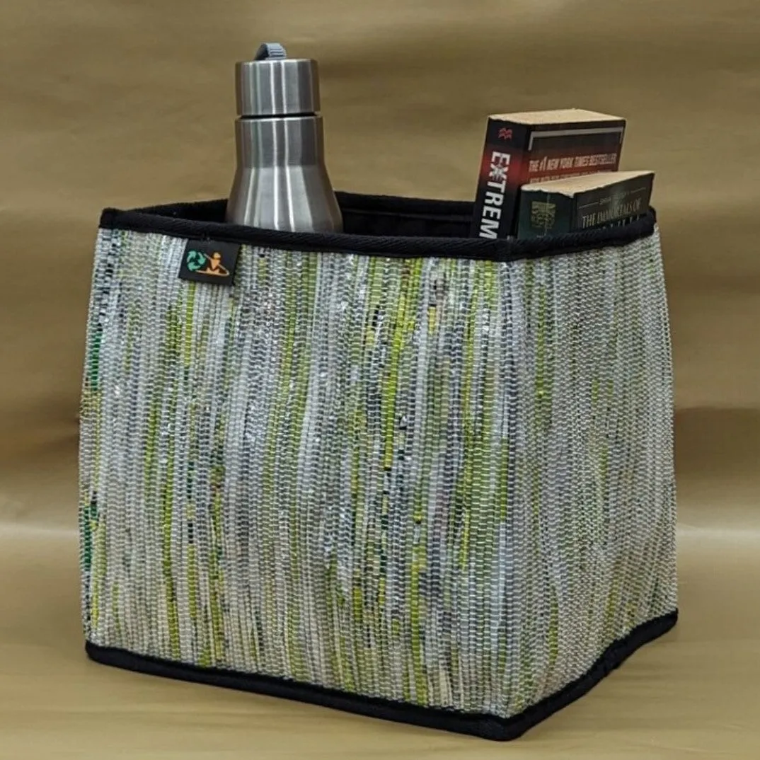 Shimmery Green Yellow Upcycled Handwoven Collapsible Storage Basket Medium (CSBM0624-002) PS_W