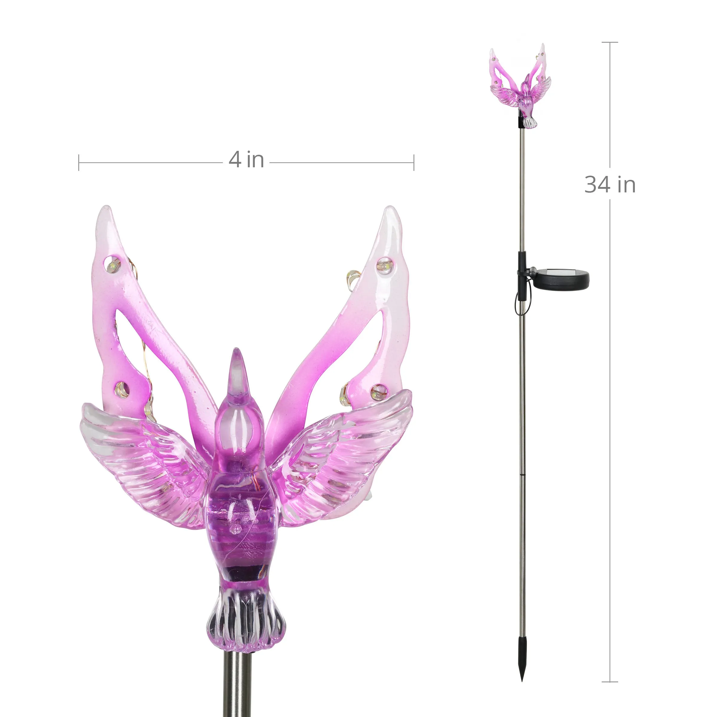 Solar Acrylic and Metal Purple Hummingbird Garden Stake with Twelve LED Lights, 4 by 34 Inches