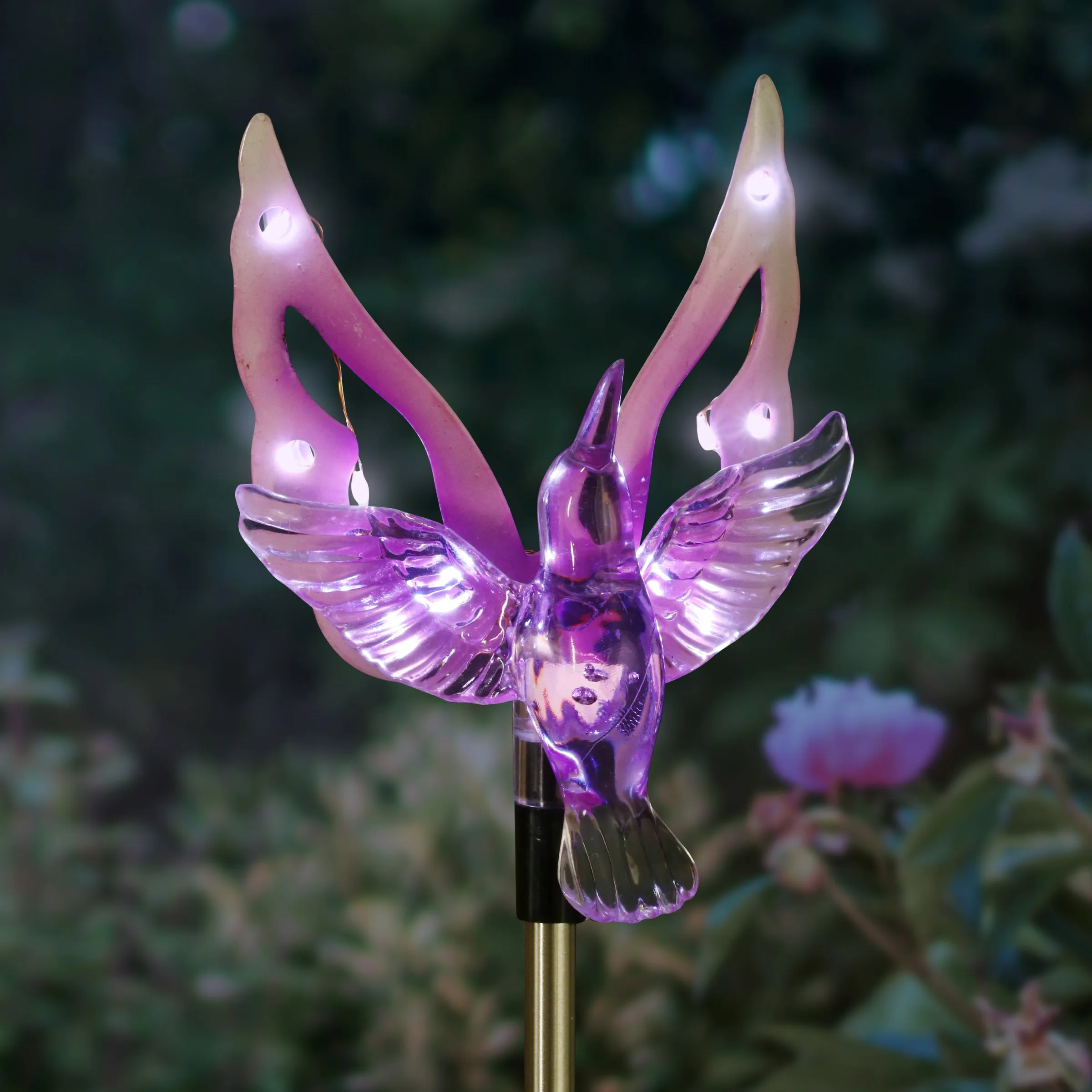 Solar Acrylic and Metal Purple Hummingbird Garden Stake with Twelve LED Lights, 4 by 34 Inches