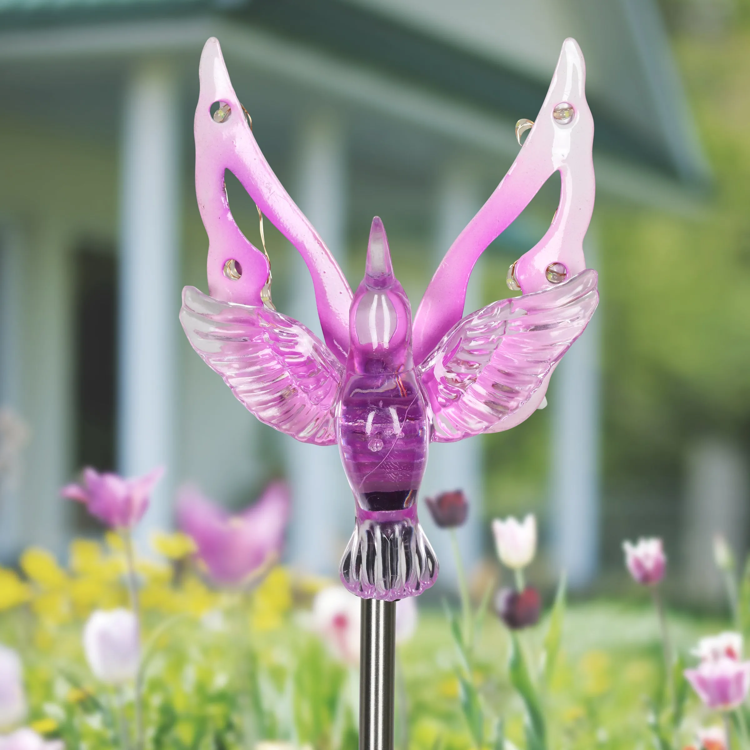 Solar Acrylic and Metal Purple Hummingbird Garden Stake with Twelve LED Lights, 4 by 34 Inches