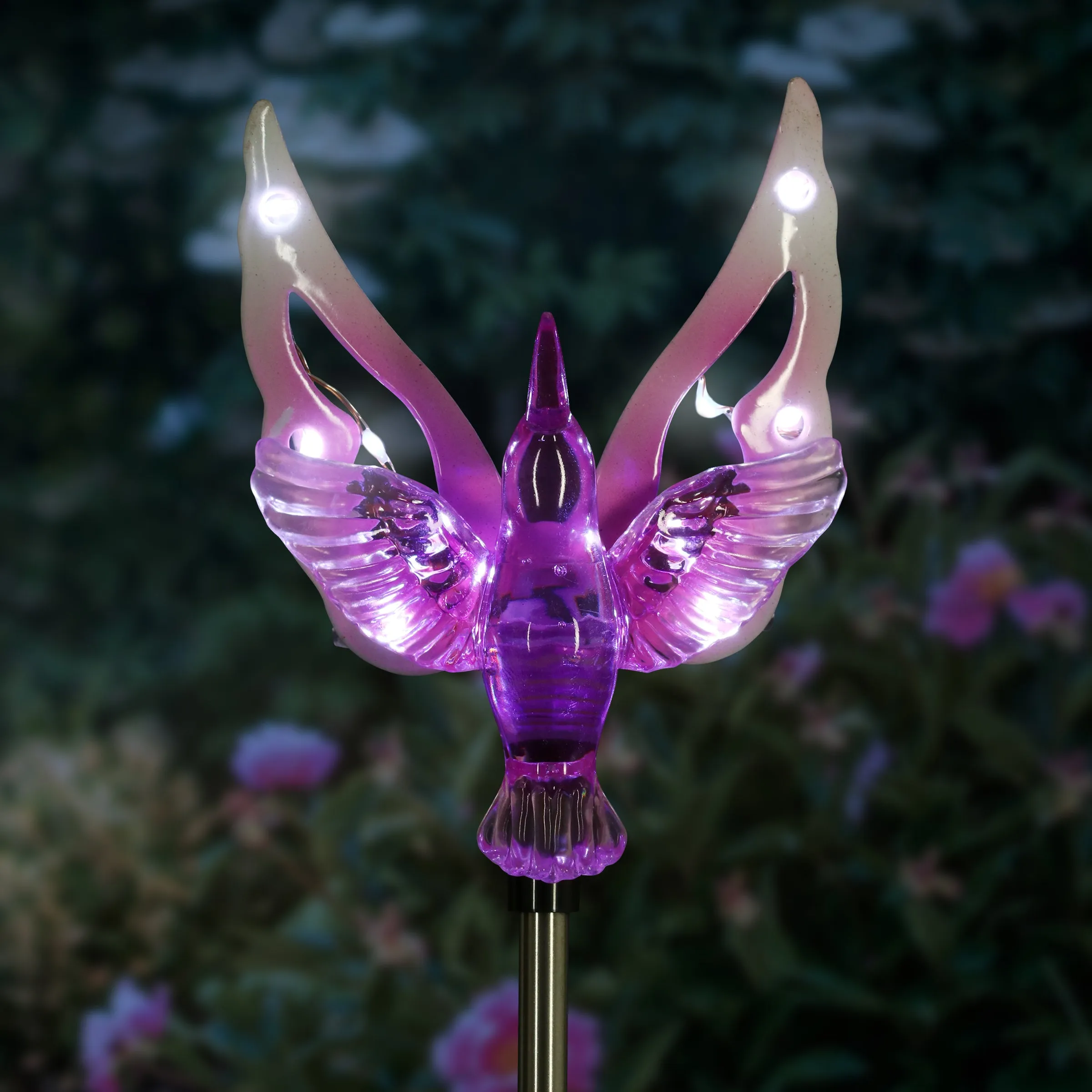 Solar Acrylic and Metal Purple Hummingbird Garden Stake with Twelve LED Lights, 4 by 34 Inches