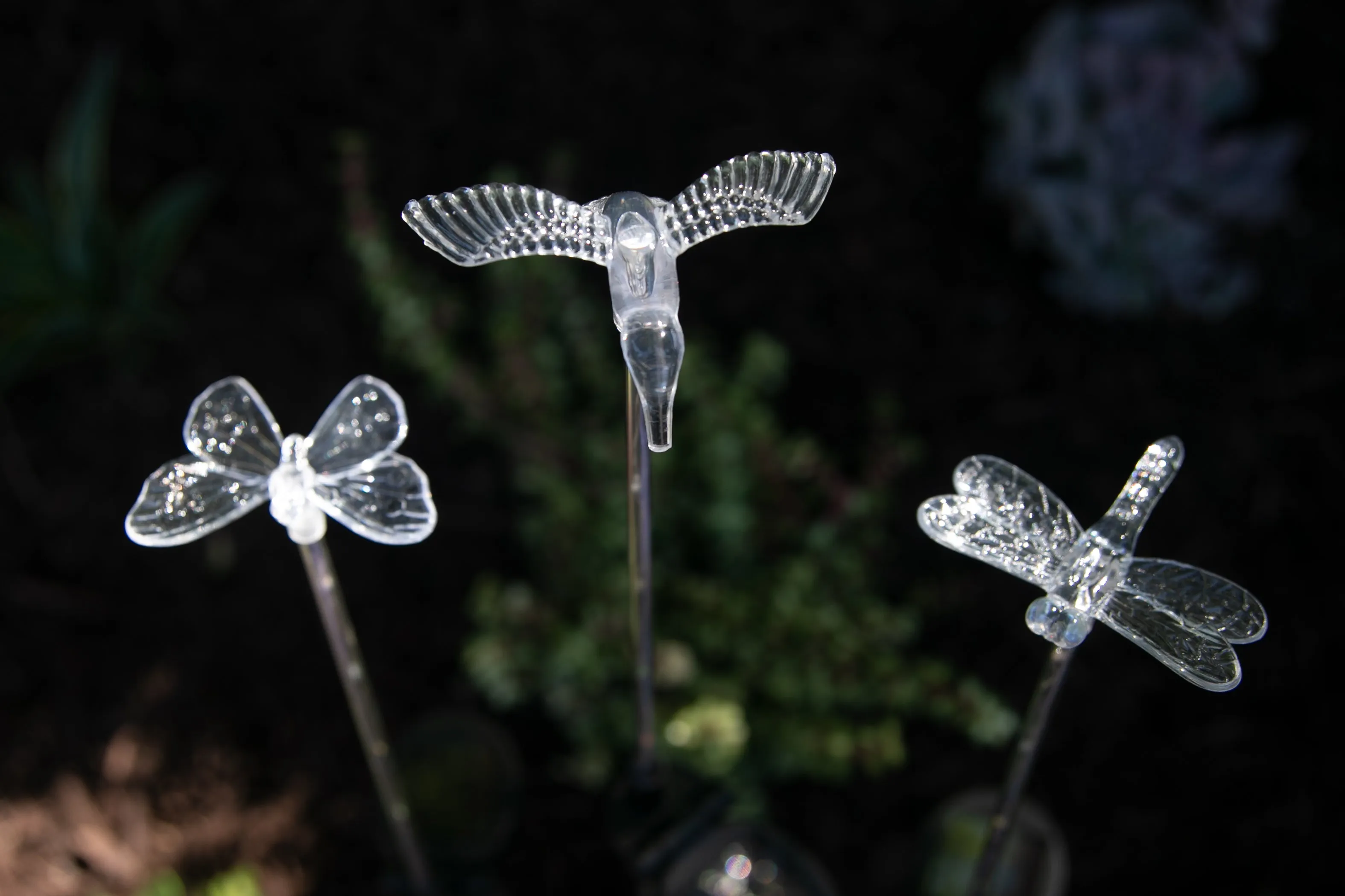 Solar Acrylic Butterfly, Hummingbird and Dragonfly Garden Stake Set of Three, 3 by 25 Inches