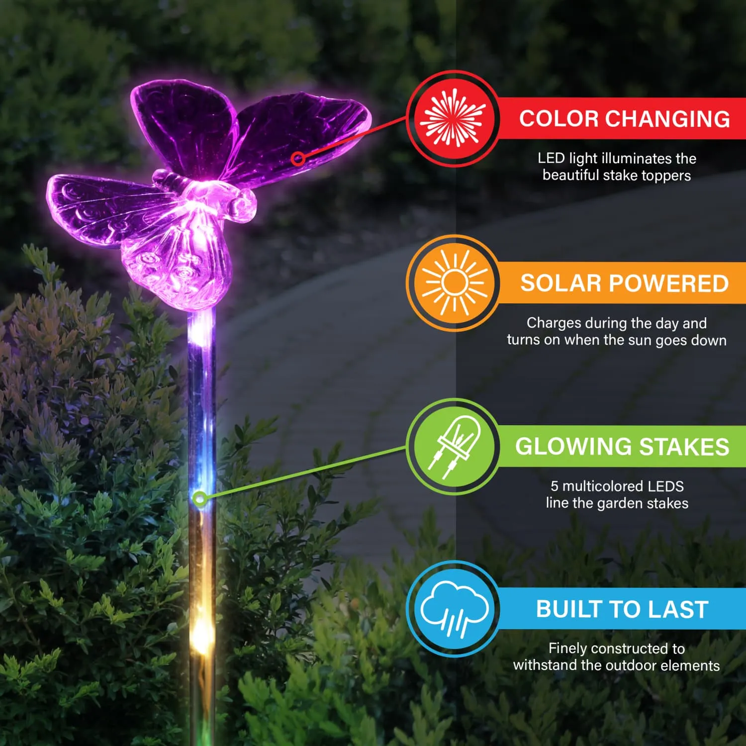 Solar Acrylic Butterfly, Hummingbird and Dragonfly Garden Stake Set of Three, 3 by 25 Inches