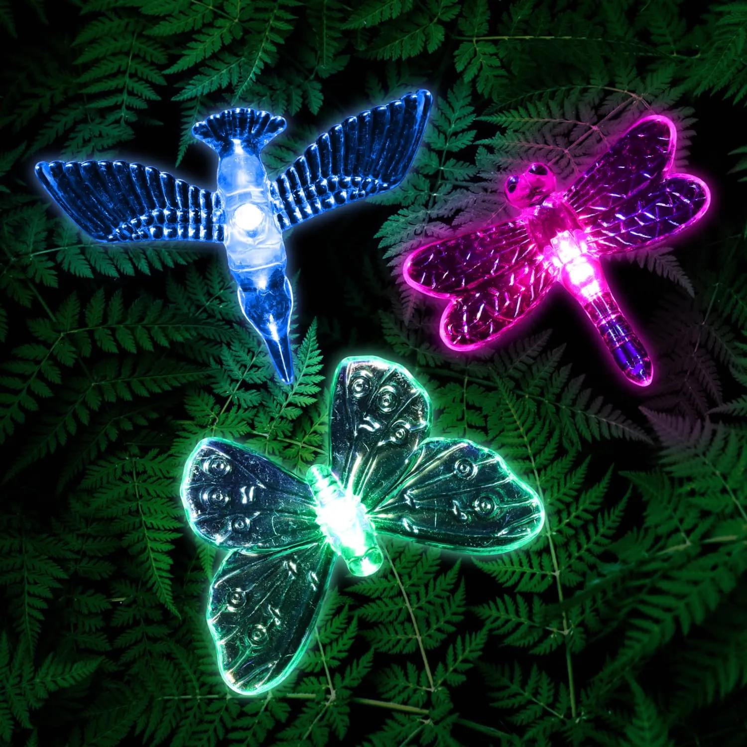 Solar Acrylic Butterfly, Hummingbird and Dragonfly Garden Stake Set of Three, 3 by 25 Inches