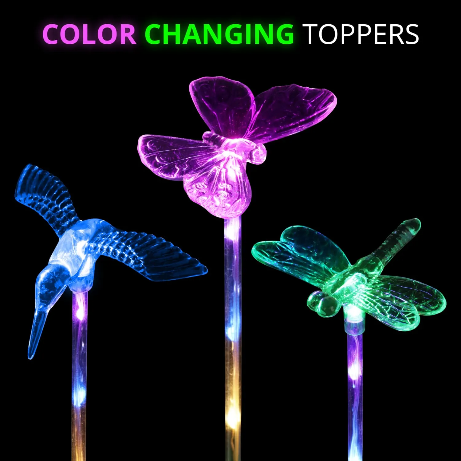 Solar Acrylic Butterfly, Hummingbird and Dragonfly Garden Stake Set of Three, 3 by 25 Inches