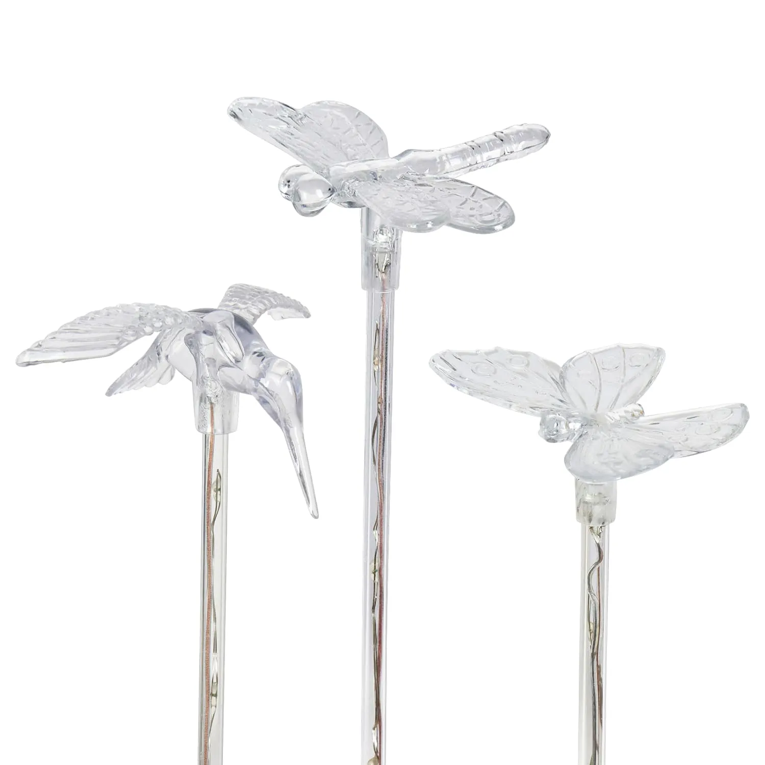 Solar Acrylic Butterfly, Hummingbird and Dragonfly Garden Stake Set of Three, 3 by 25 Inches