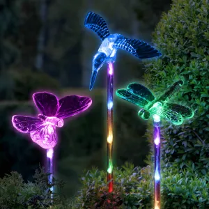 Solar Acrylic Butterfly, Hummingbird and Dragonfly Garden Stake Set of Three, 3 by 25 Inches