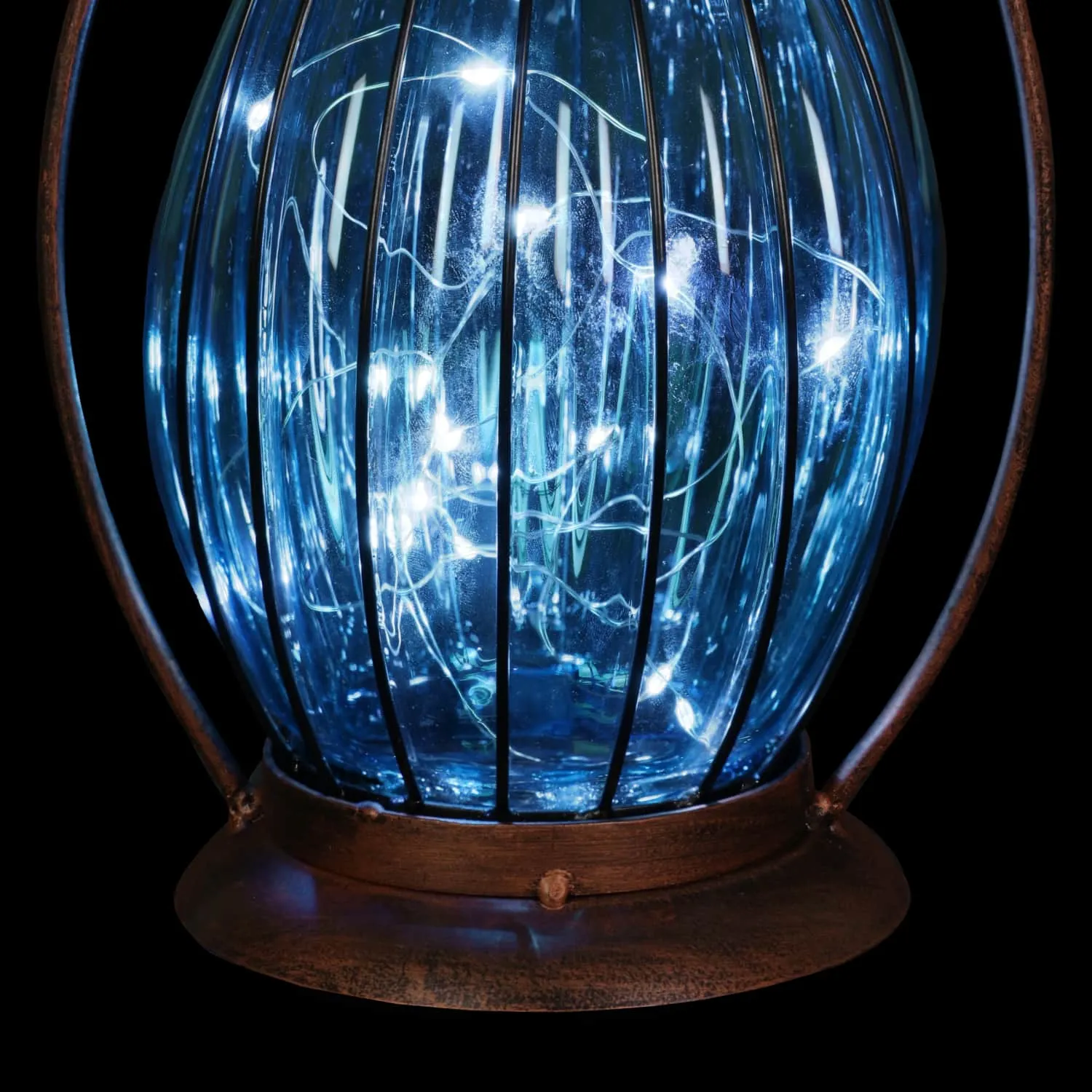 Solar Antique Metal and Sea Blue Glass Accent Lantern with Fifteen LED Firefly String Lights, 7 by 14 Inches