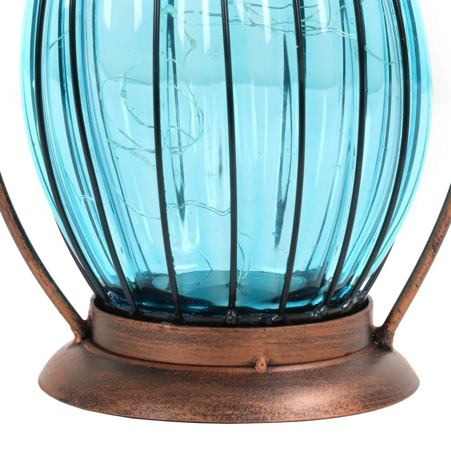 Solar Antique Metal and Sea Blue Glass Accent Lantern with Fifteen LED Firefly String Lights, 7 by 14 Inches