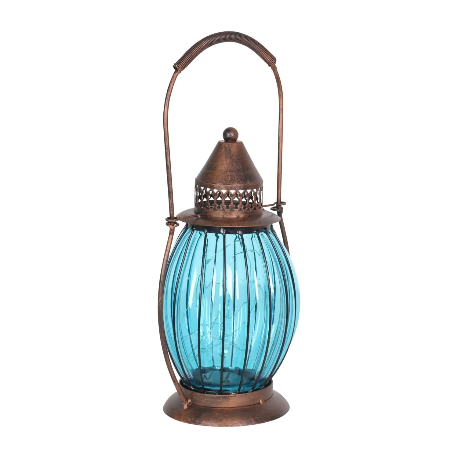 Solar Antique Metal and Sea Blue Glass Accent Lantern with Fifteen LED Firefly String Lights, 7 by 14 Inches