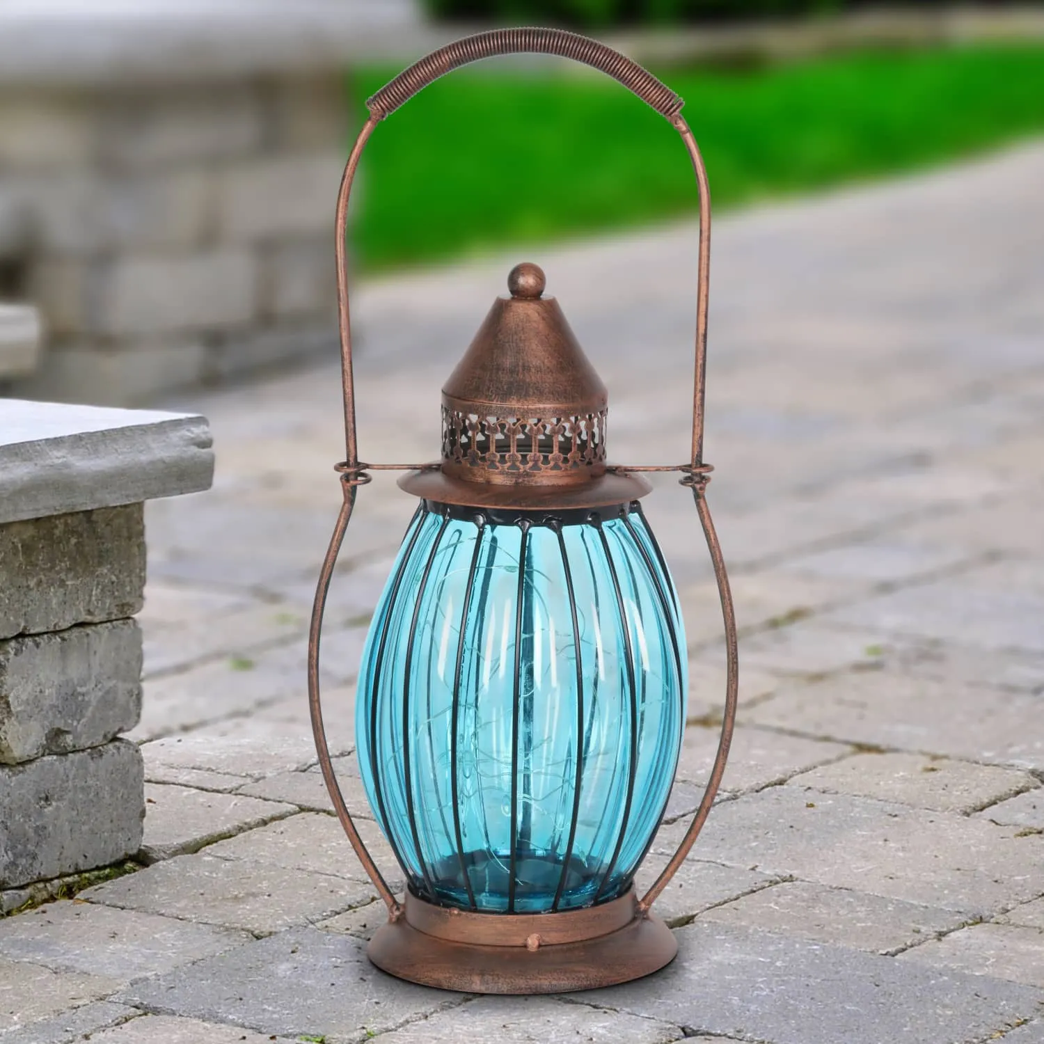 Solar Antique Metal and Sea Blue Glass Accent Lantern with Fifteen LED Firefly String Lights, 7 by 14 Inches