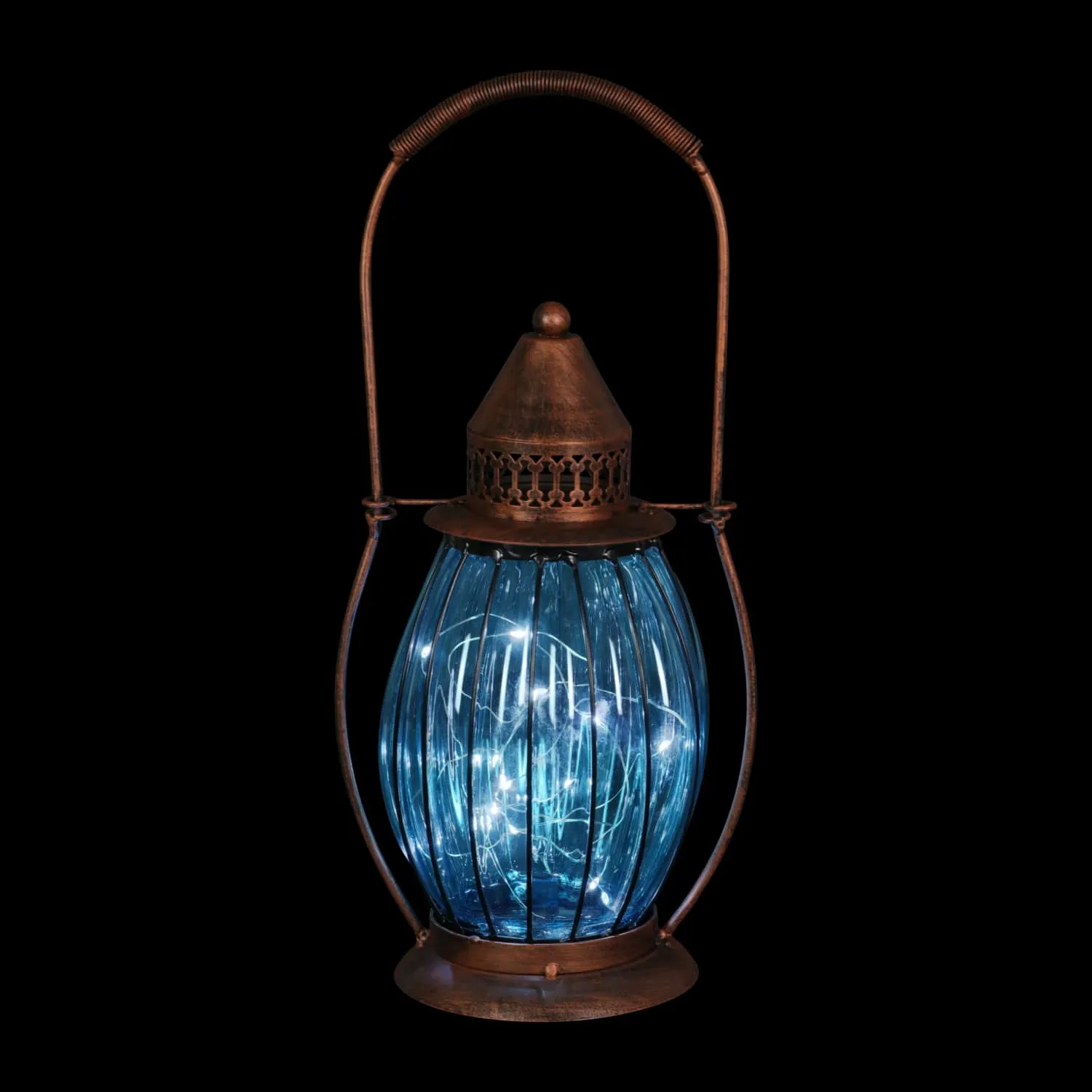 Solar Antique Metal and Sea Blue Glass Accent Lantern with Fifteen LED Firefly String Lights, 7 by 14 Inches