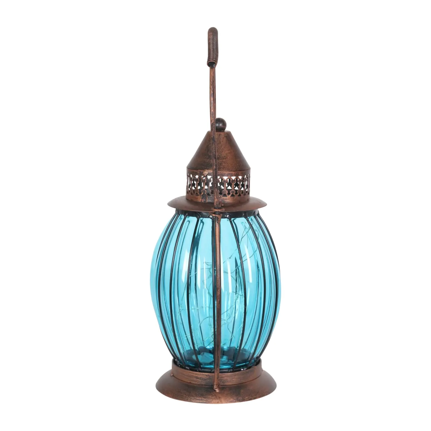 Solar Antique Metal and Sea Blue Glass Accent Lantern with Fifteen LED Firefly String Lights, 7 by 14 Inches