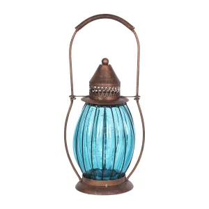 Solar Antique Metal and Sea Blue Glass Accent Lantern with Fifteen LED Firefly String Lights, 7 by 14 Inches