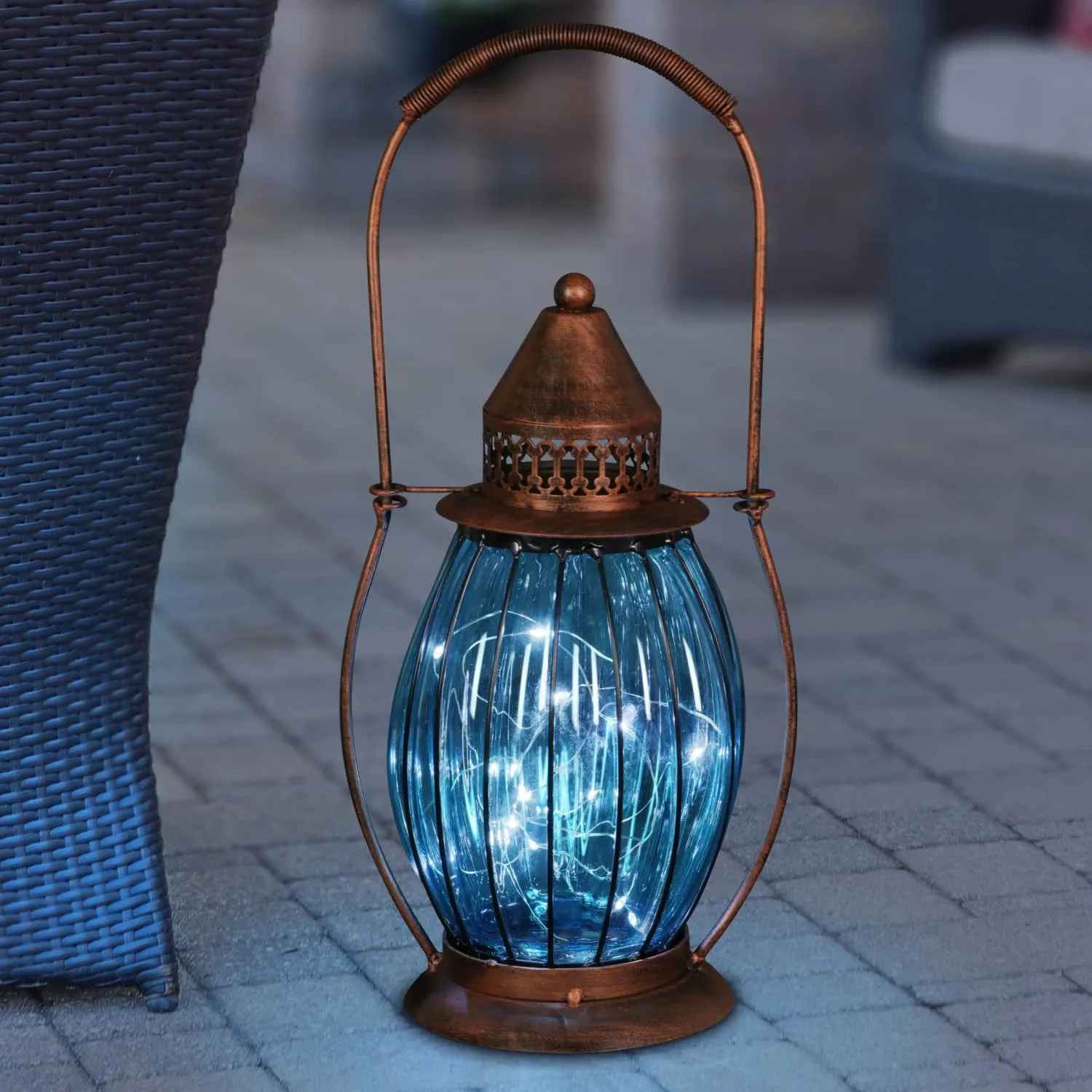 Solar Antique Metal and Sea Blue Glass Accent Lantern with Fifteen LED Firefly String Lights, 7 by 14 Inches