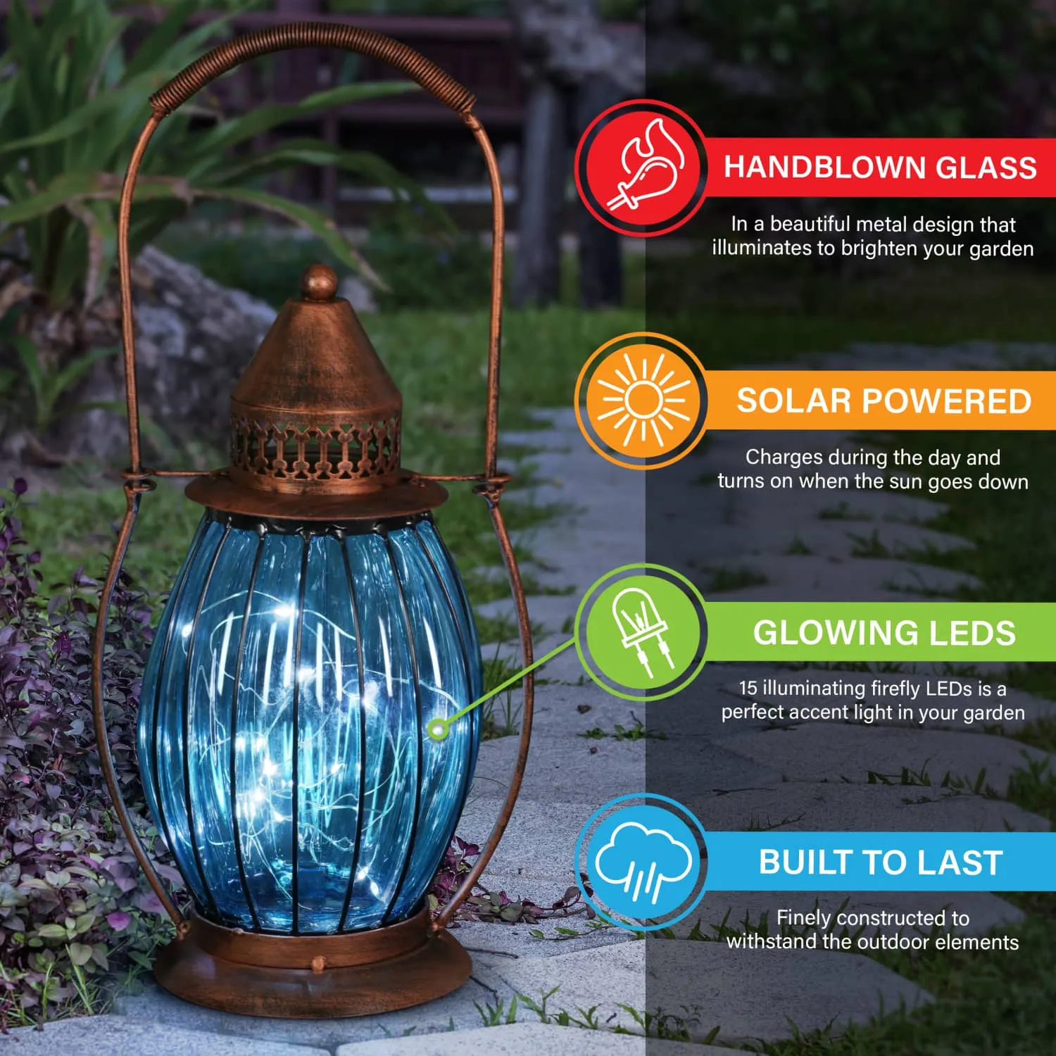 Solar Antique Metal and Sea Blue Glass Accent Lantern with Fifteen LED Firefly String Lights, 7 by 14 Inches