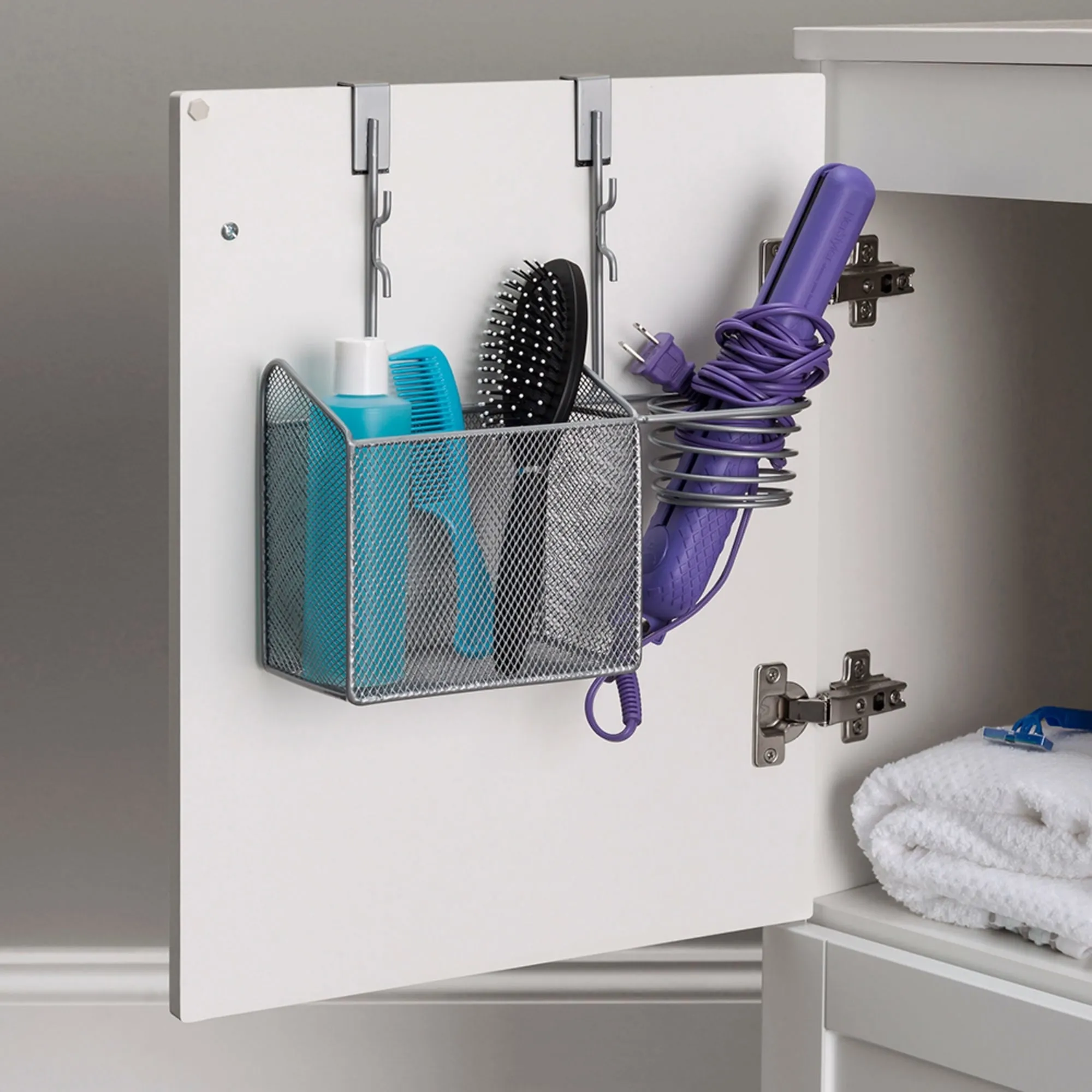 Steel Over the Cabinet Hairdryer Organizer, Silver