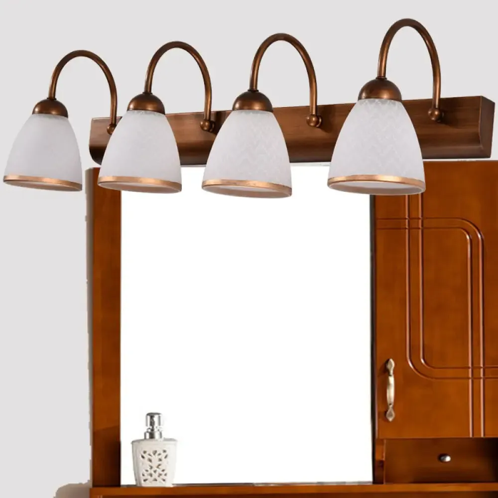 Traditional Brown 4-Head Vanity Lamp with White Print Glass and Bell Shaped Wall Mount