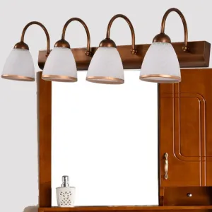 Traditional Brown 4-Head Vanity Lamp with White Print Glass and Bell Shaped Wall Mount