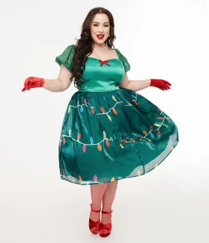 Unique Vintage Light Up Plus Size 1950s Green Christmas Lights Print Sweetheart Dress