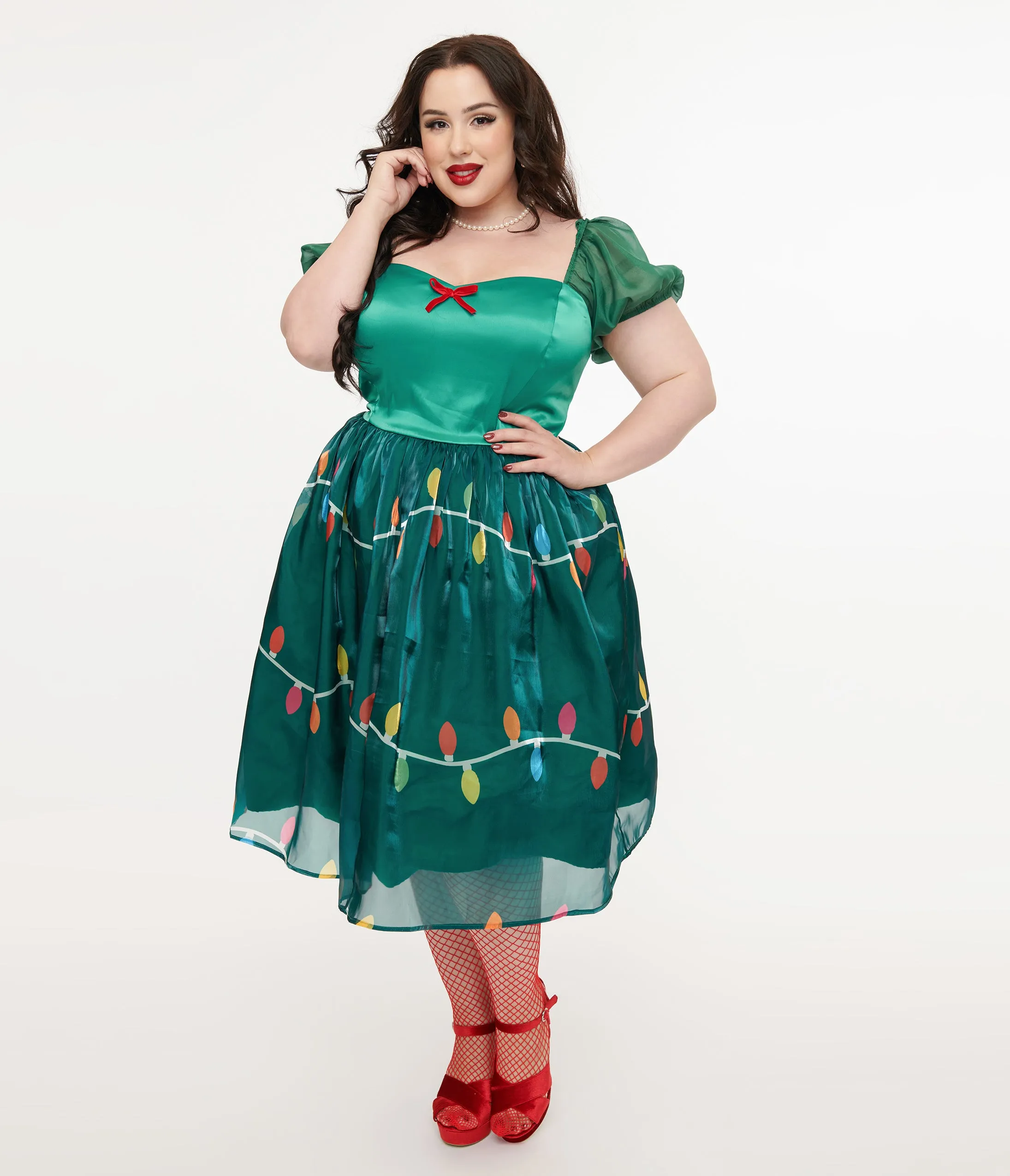 Unique Vintage Light Up Plus Size 1950s Green Christmas Lights Print Sweetheart Dress