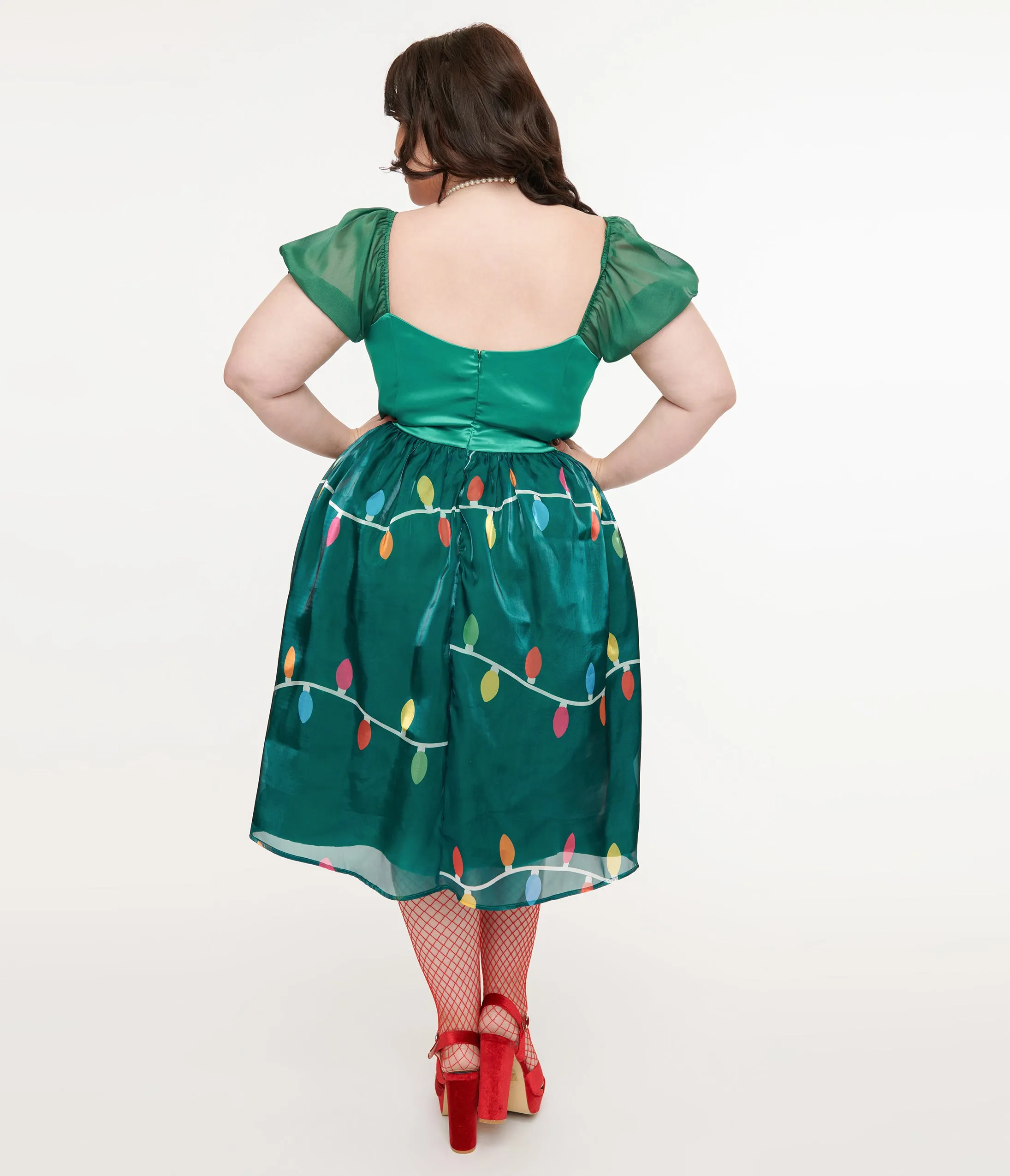 Unique Vintage Light Up Plus Size 1950s Green Christmas Lights Print Sweetheart Dress