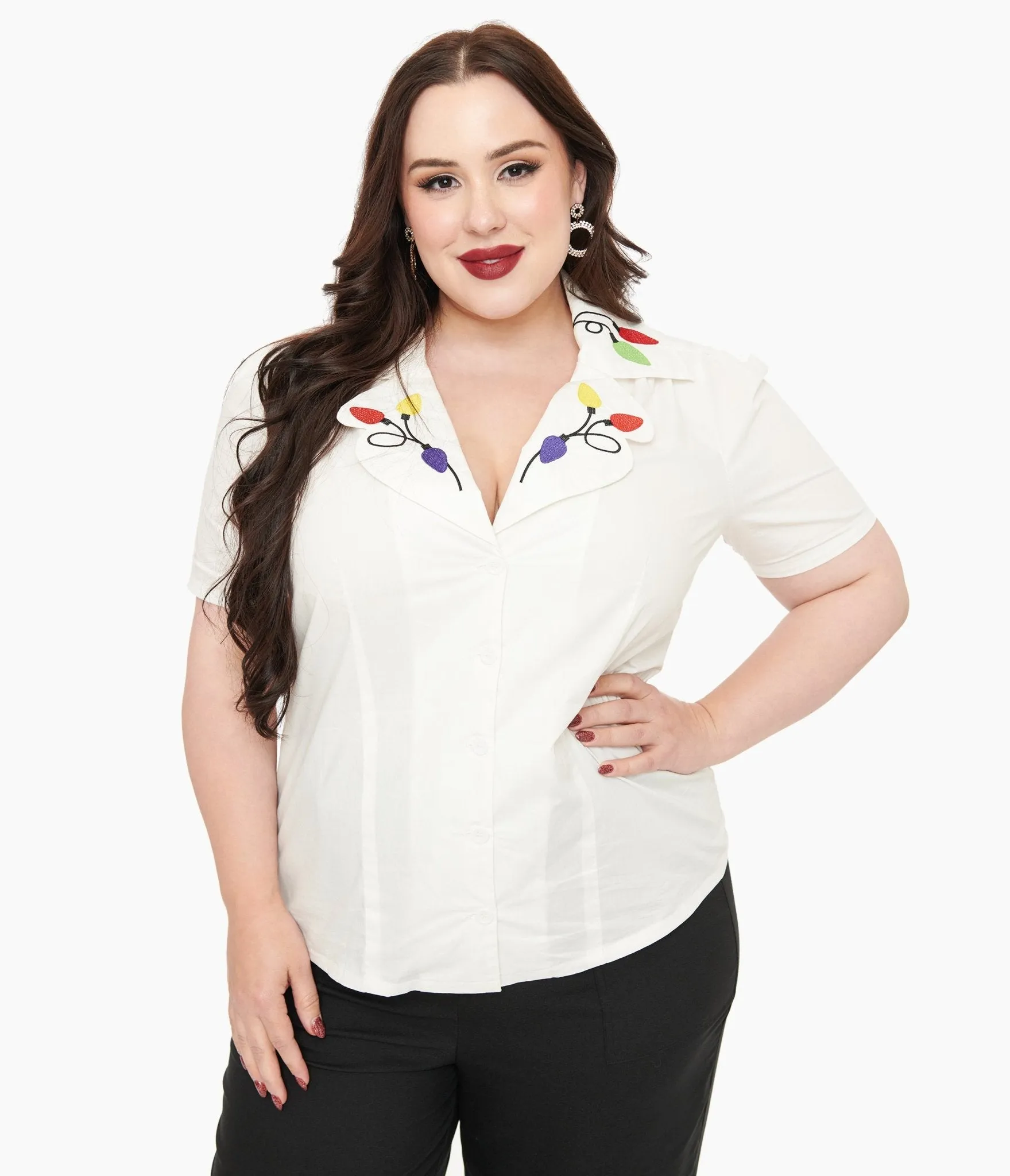 Unique Vintage Plus Size 1940s White Holiday Lights Cotton Blouse