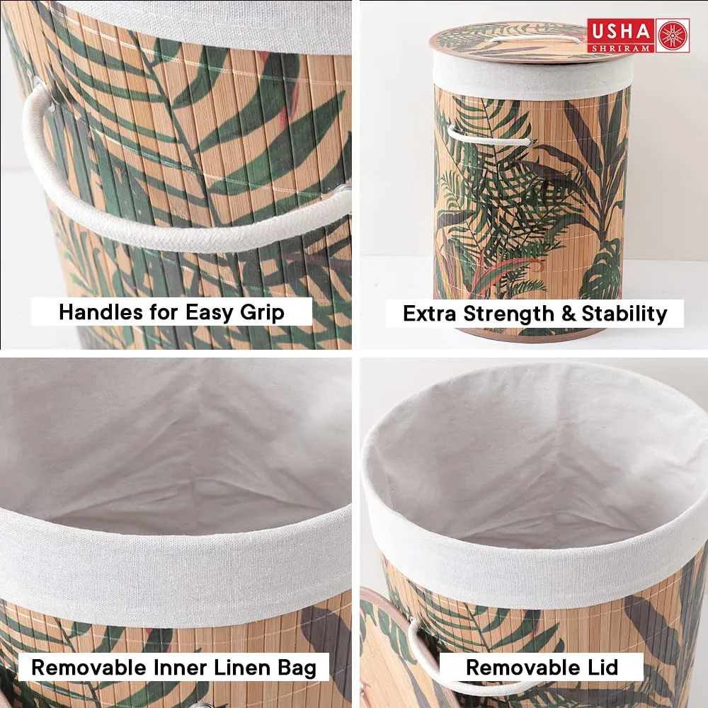 USHA SHRIRAM Foldable Bamboo Laundry Basket With Lid | Sustainable & Eco-Friendly | Travel Essential | Printed Laundry Basket | Easy To Carry | Color Natural (60 L) (2 Pcs, Cylinderical)