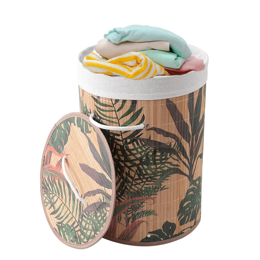 USHA SHRIRAM Foldable Bamboo Laundry Basket With Lid | Sustainable & Eco-Friendly | Travel Essential | Printed Laundry Basket | Easy To Carry | Color Natural (60 L) (2 Pcs, Cylinderical)