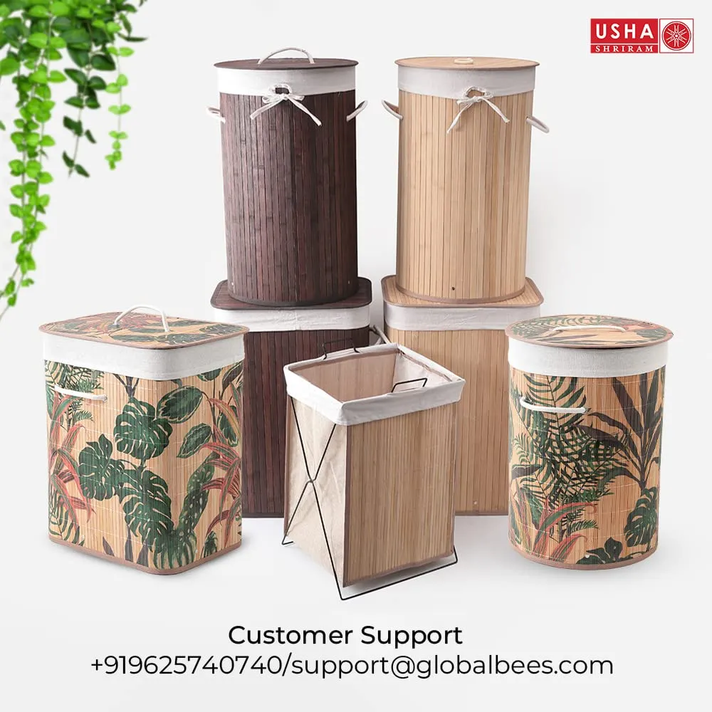 USHA SHRIRAM Foldable Bamboo Laundry Basket With Lid | Sustainable & Eco-Friendly | Travel Essential | Printed Laundry Basket | Easy To Carry | Color Natural (60 L) (2 Pcs, Cylinderical)