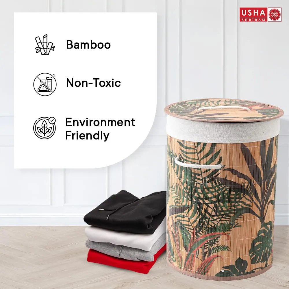 USHA SHRIRAM Foldable Bamboo Laundry Basket With Lid | Sustainable & Eco-Friendly | Travel Essential | Printed Laundry Basket | Easy To Carry | Color Natural (60 L) (2 Pcs, Cylinderical)