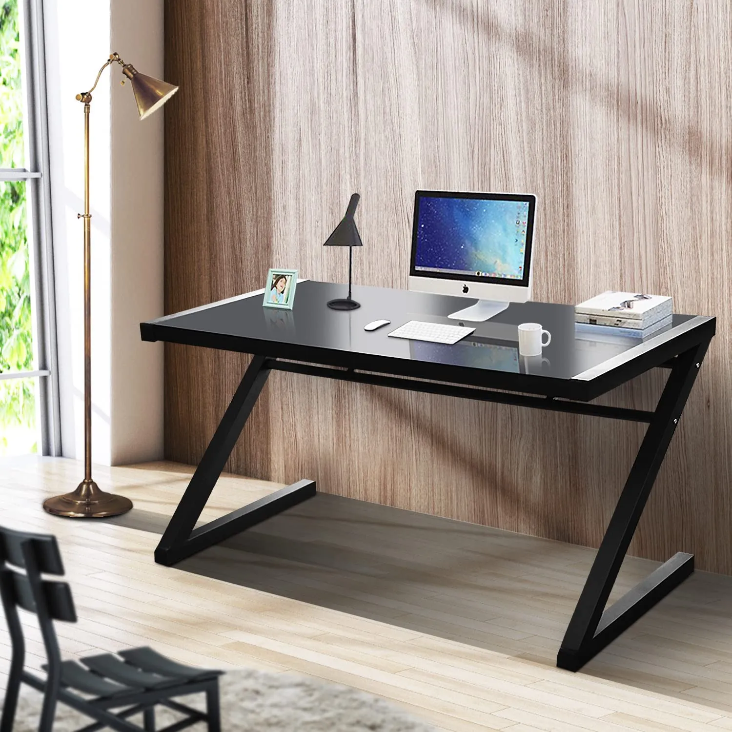 Z Shape Computer Desk Modern Tempered Glass