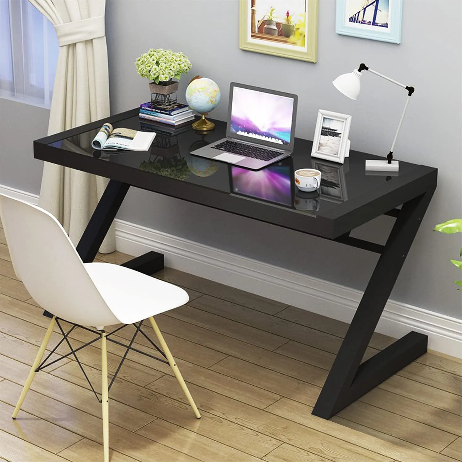 Z Shape Computer Desk Modern Tempered Glass