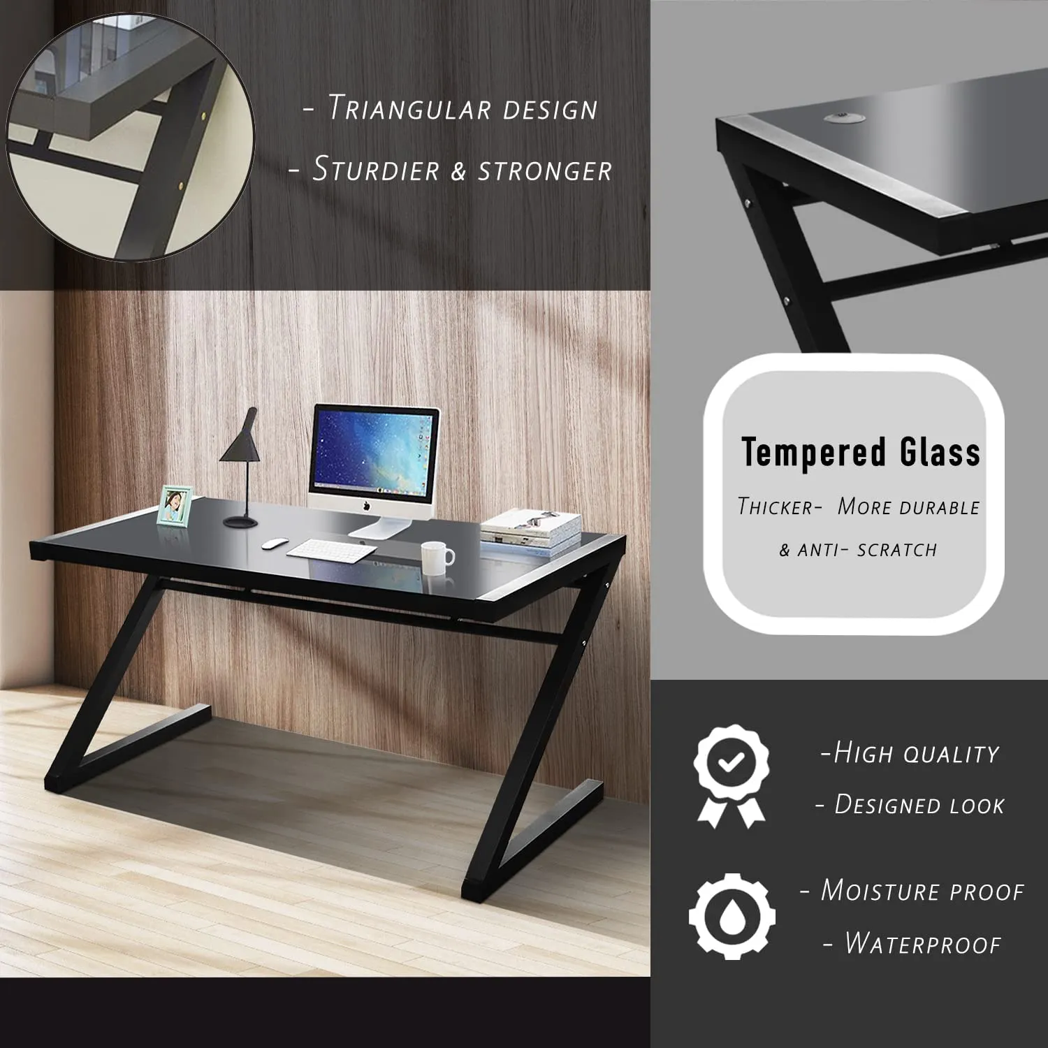 Z Shape Computer Desk Modern Tempered Glass