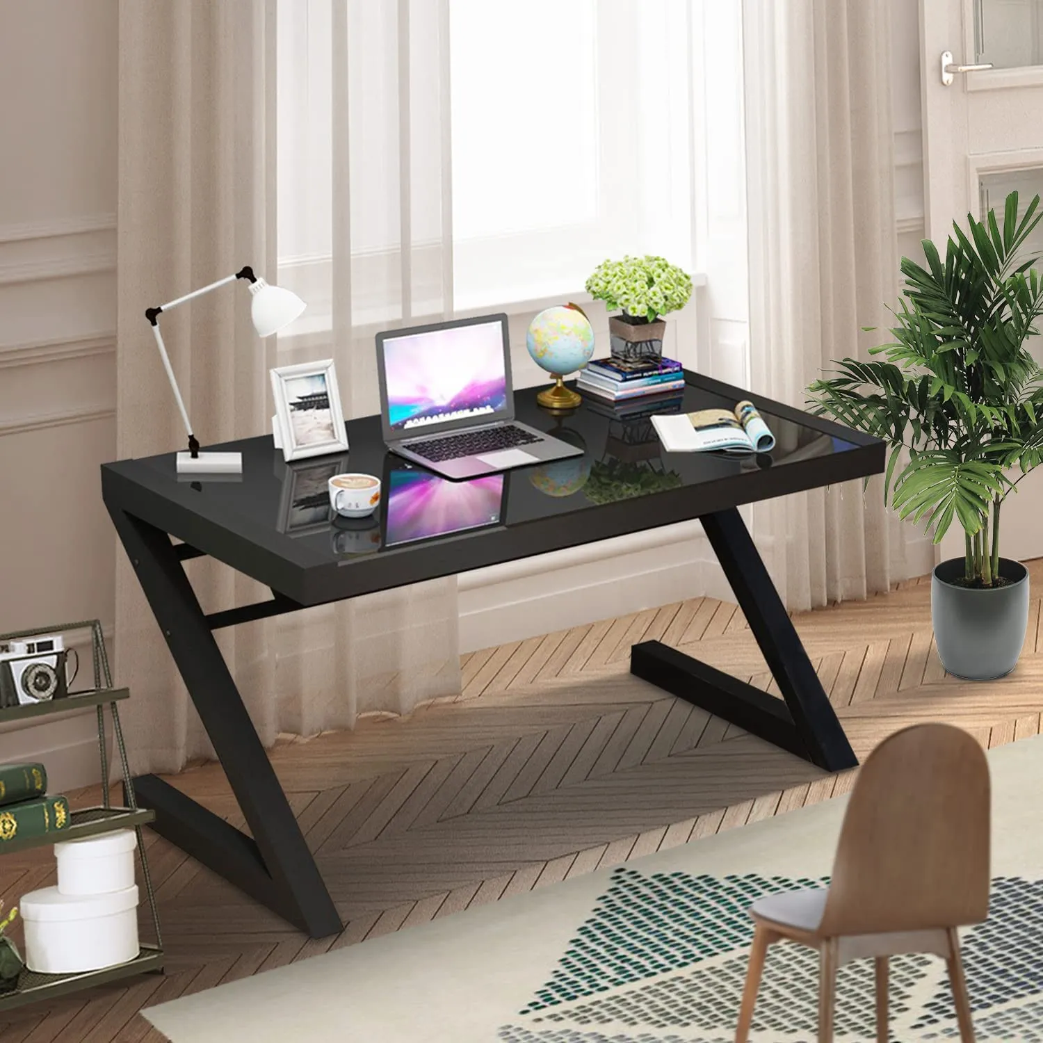 Z Shape Computer Desk Modern Tempered Glass